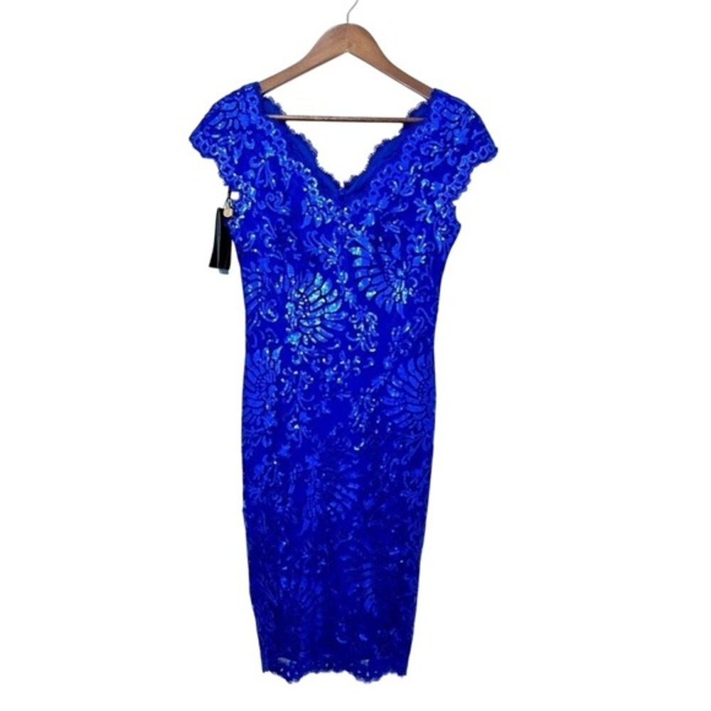 Tadashi Shoji Bright Cobalt Blue Embroidered Lace V Neck Sequin Cap Sleeve